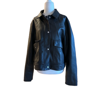 Zara Black Faux Leather Button-Front Jacket with Flap Pockets